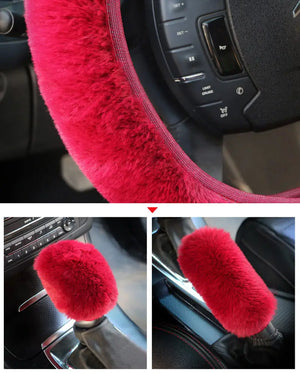 3PCS Set Soft Furry Polyester Women Car Accessories All Season Universal Fit - Include Gear Shift,Handbrake,Steering Wheel Cover